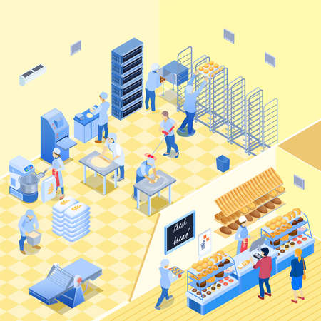 Bakery inside with staff during work and shop with bread pastry and customers isometric vector illustrationのイラスト素材