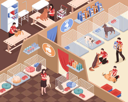 Animal shelter with staff volunteers rooms for dogs and cats vet service isometric vector illustrationのイラスト素材