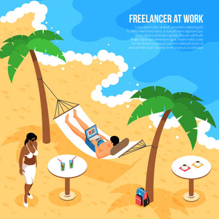 Remote work isometric composition with freelancer at tropical beach in hammock with notebook at work vector illustrationのイラスト素材