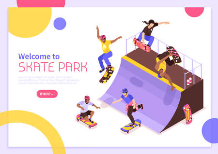 Isometric skateboard concept banner composition with images of skateboarder characters on quarter pipe with editable text vector illustrationのイラスト素材