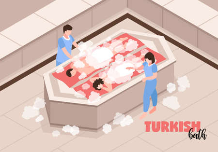 Staff of turkish bath during service of visitors lying on marble bench isometric vector illustrationのイラスト素材
