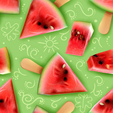 Watermelon bite size pieces on a stick summer snacks serving ideas realistic appetizing seamless patten vector illustrationのイラスト素材