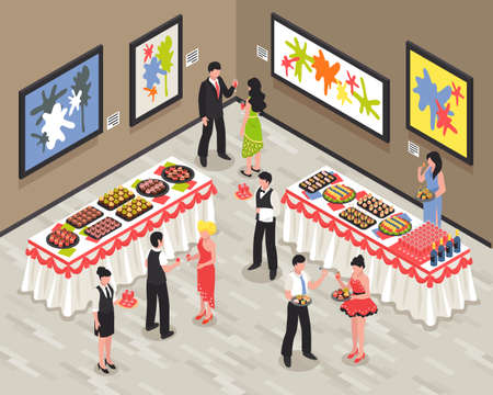 Banquet room with guests staff food and drinks on tables walls with bright pictures isometric vector illustrationのイラスト素材
