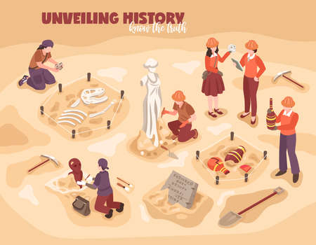 Archeology isometric composition scientists during work with historical finds ancient sculpture amphorae dinosaur skeleton vector illustrationのイラスト素材
