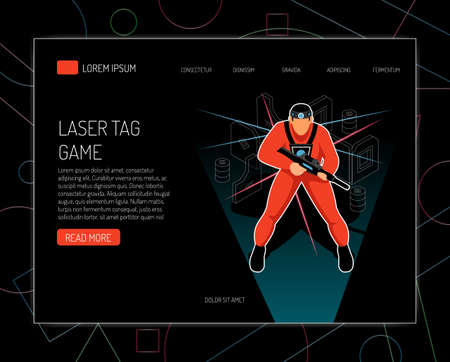 Laser tag game concept rules equipment  offers isometric design with player holding gun black background vector illustrationのイラスト素材