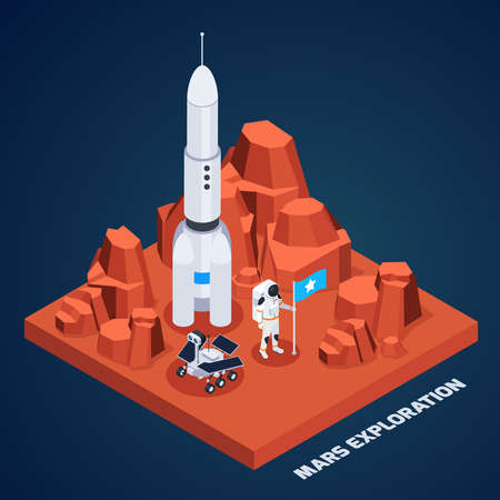 Space exploration isometric composition with piece of martian terrain with rocket astronaut and rover with text vector illustrationのイラスト素材