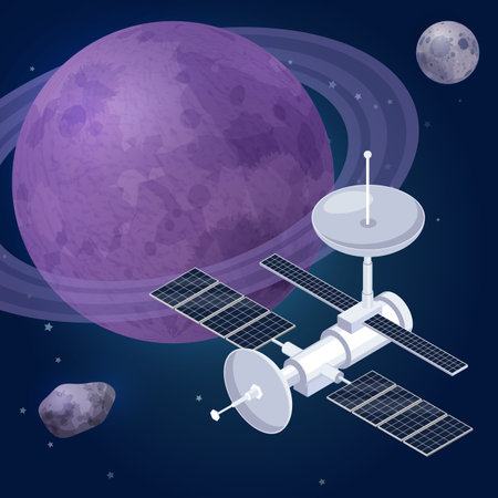 Space exploration isometric composition with view of outer space planets stars and artificial satellite observatory vehicle vector illustrationのイラスト素材