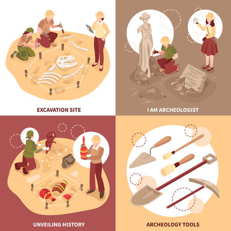 Archeology isometric design concept scientists with tools at excavation site and historical discoveries isolated vector illustrationのイラスト素材