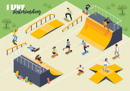 Young athletes during skateboard riding on sport ground with ramps isometric horizontal vector illustrationのイラスト素材