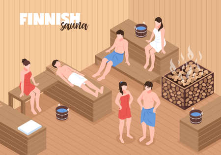 Finnish sauna with men and women on wooden benches and heater with stones  isometric vector illustrationのイラスト素材