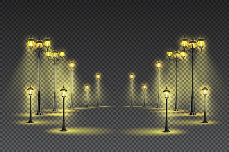 Outdoor garden street classical yellow lighting with big and small lanterns dark transparent background realistic vector illustrationのイラスト素材