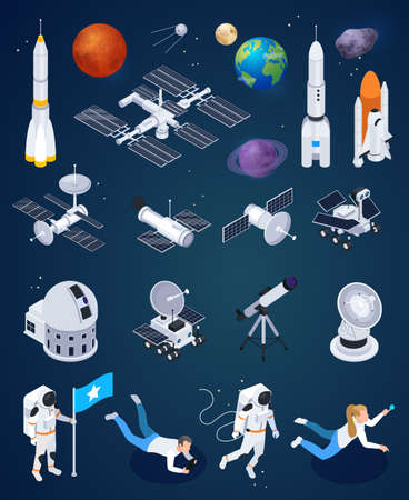 Set of isolated space exploration images with realistic rockets artificial satellites and planets with human characters vector illustrationのイラスト素材