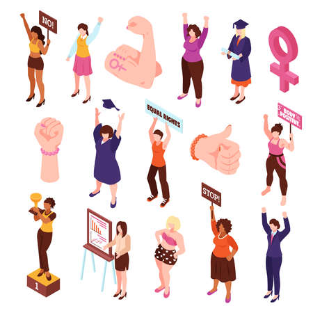 Isometric feminism set of isolated fists and characters of women protesting and picketing for equal rights vector illustrationのイラスト素材