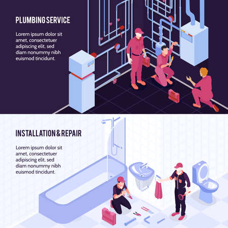 Plumbing service boiler maintenance repair bathroom shower toilet sanitary installation 2 horizontal isometric advertising banners vector illustrationのイラスト素材