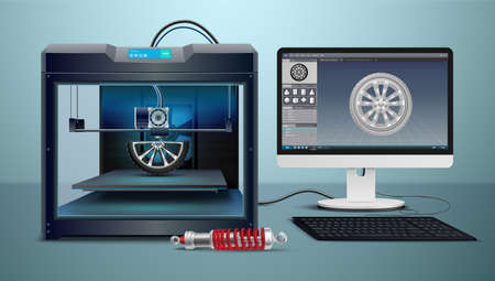 Isometric composition with computer and 3d printing process vector illustrationのイラスト素材