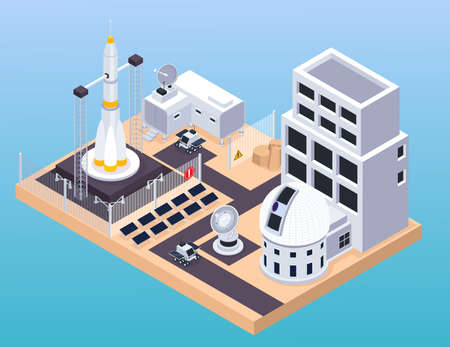Space exploration isometric composition with view of training centre with buildings launch pad and moving rovers vector illustrationのイラスト素材