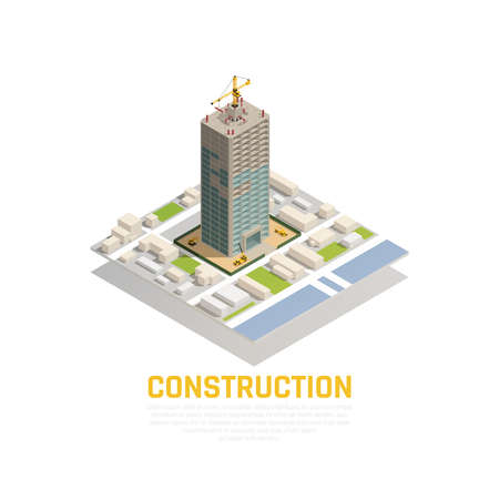 Colored isometric construction composition with construction of tower in the city center vector illustrationのイラスト素材
