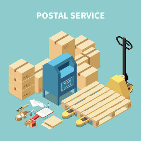 Postal service isometric composition with cardboard boxes and stationery objectsのイラスト素材
