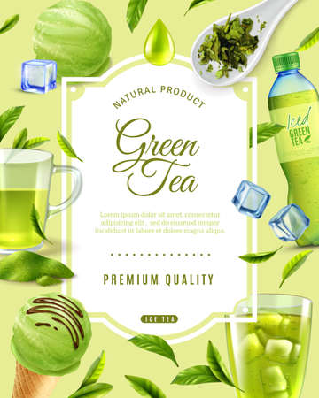Realistic green tea frame background with ornate text and round composiion of various tea products images vector illustrationのイラスト素材