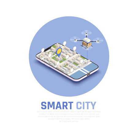 Colored smart city isometric composition with 3d map and abstract drone in smartphone vector illustrationのイラスト素材