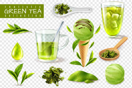 Realistic green tea set with isolated images of cups spoons and natural leaves on transparent background vector illustrationのイラスト素材