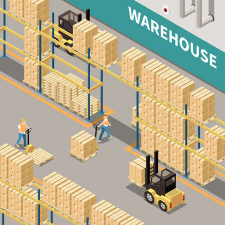 Warehouse shelves with cardboard boxes forklift and two workers 3d isometric isolated vector illustrationのイラスト素材