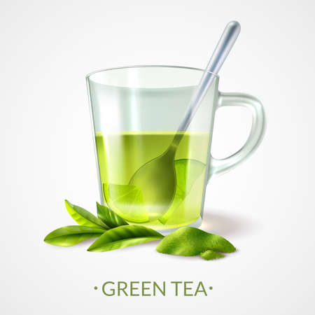 Realistic green tea background with editable text and images of ripe leaves and cup with spoon vector illustrationのイラスト素材