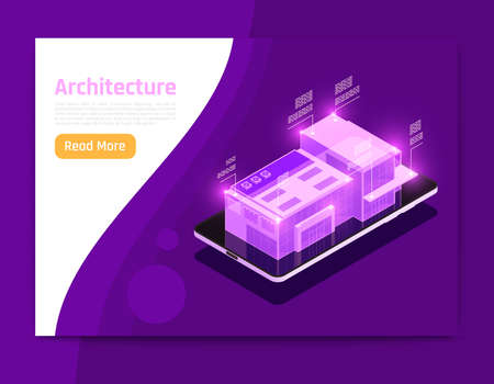Isometric and glow people and interfaces composition with architecture description abstract elements vector illustrationのイラスト素材