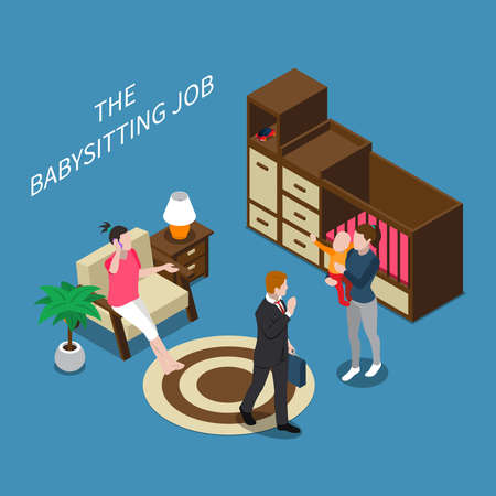 Isometric composition with parents leaving their child with babysitter 3d vector illustrationのイラスト素材
