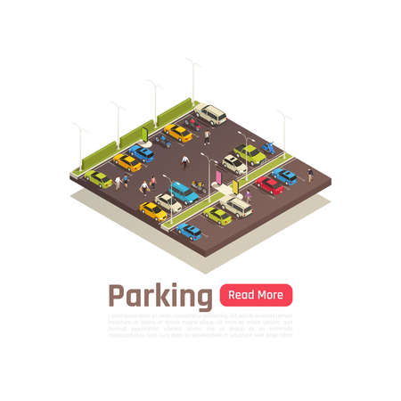 Isometric and isolated city composition with parking description and read more button vector illustrationのイラスト素材