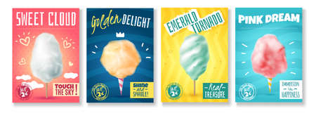 Set of four isolated realistic candy sugar cotton posters with colourful compositions of images and text vector illustrationのイラスト素材