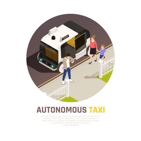 Autonomous car driverless vehicle robotic transport isometric banner with autonomous taxi description vector illustrationのイラスト素材