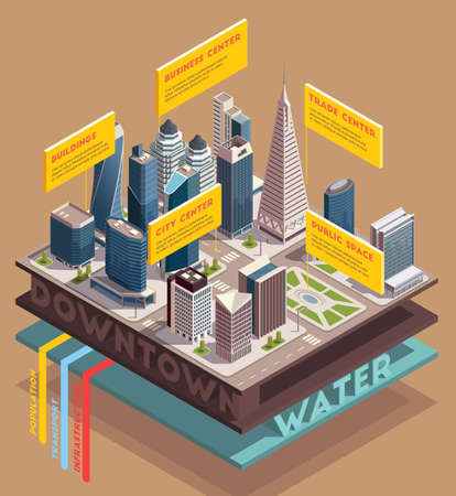 City skyscrapers isometric composition with images of tall buildings and sliced view of underground with text vector illustrationのイラスト素材