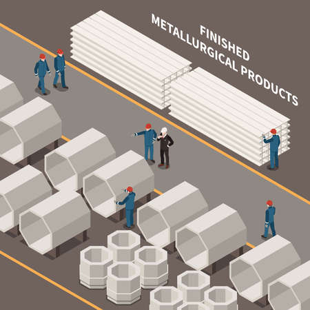 Metal industry isometric composition with workers and metallurgical products 3d vector illustrationのイラスト素材