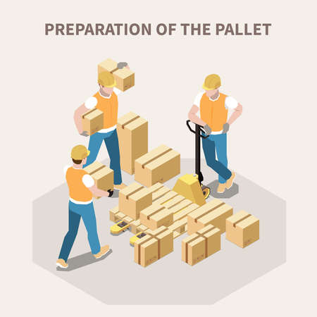 Warehouse workers putting cardboard boxes on wooden pallet 3d isometric vector illustrationのイラスト素材