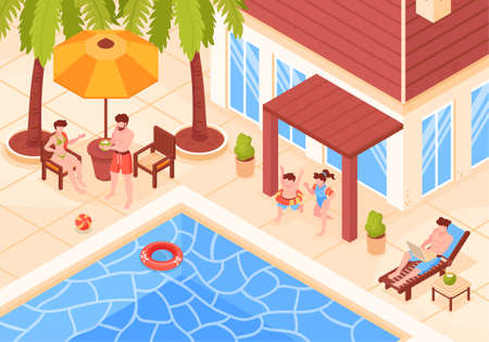 Isometric beach house tropic holidays composition with view of modern villa buildings with people and pool vector illustrationのイラスト素材