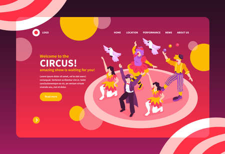 Isometric circus performers show concept banner web site landing page design background with text and images vector illustrationのイラスト素材