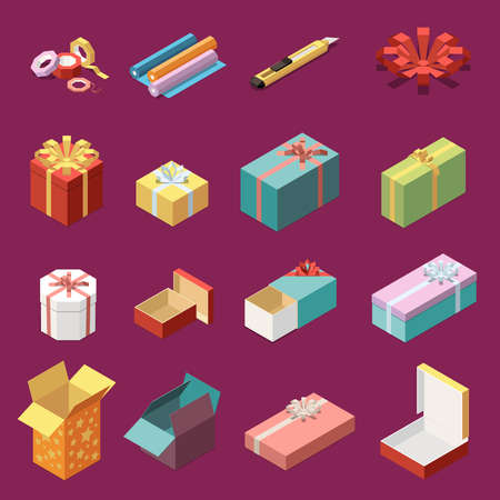 Isometric set of empty and wrapped cardboard gift boxes and stationery icons 3d isolated vector illustrationのイラスト素材