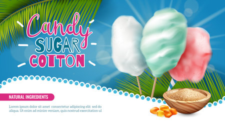 Realistic candy sugar cotton horizontal poster background with editable text and images of palm leaves sweets vector illustrationのイラスト素材
