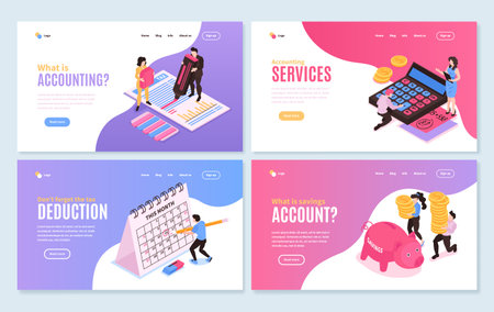 Isometric accounting horizontal banners collection with four isolated compositions editable text with clickable links and buttons vector illustrationのイラスト素材