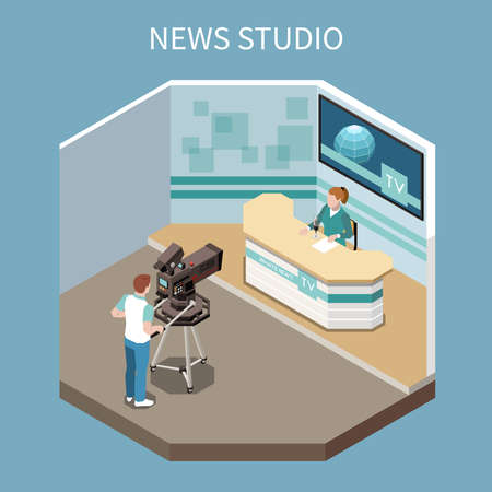 Telecommunication isometric composition with shooting news programme process in studio 3d vector illustrationのイラスト素材