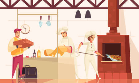 Pizzeria flat composition with chefs bake pizza in oven at the kitchen and gives the order to courier vector illustrationのイラスト素材