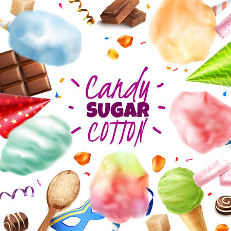 Realistic candy sugar cotton frame background with editable text and round composition of various confectionery products vector illustrationのイラスト素材