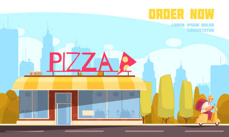 Colored flat pizzeria outdoor composition with order now headline and pizza store vector illustrationのイラスト素材