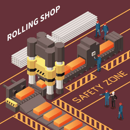 Isometric composition with workers in rolling shop in metal industry factory 3d vector illustrationのイラスト素材