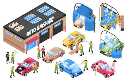 Isometric car washing services set with isolated wash station buildings and machinery with cars and people vector illustrationのイラスト素材