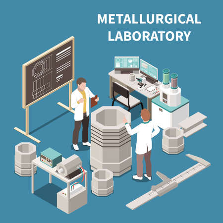 Metal industry isometric composition with two people in metallurgical laboratory 3d vector illustrationのイラスト素材