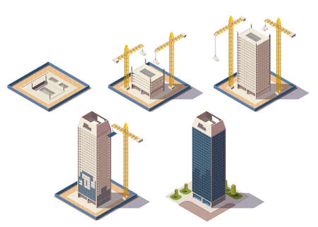 City skyscrapers isometric composition with isolated images of construction site representing different stages of construction process vector illustrationのイラスト素材