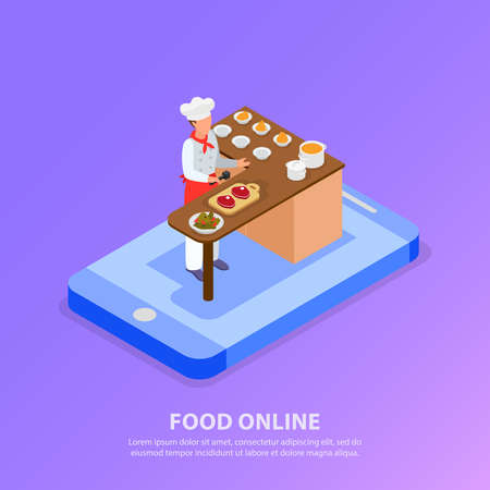 Isometric background with chef cooking italian food and smartphone concept 3d vector illustrationのイラスト素材