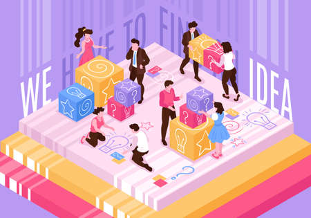 Isometric teamwork brainstorming conceptual composition with little people moving colourful toy blocks with pictograms and text vector illustrationのイラスト素材